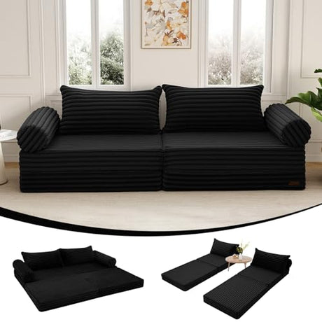 MeMoreCool Convertible Sofa Bed, Folding Floor Couch Bed Queen, Pull Out Sleeper Couch with Pillows, Fold Out Futon Sofa for Bedroom Living Room Small Space, Corduroy Black MeMoreCool