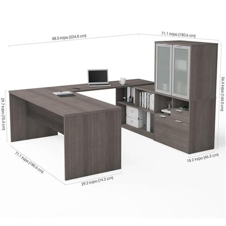 Bestar i3 Plus 72W U-Shaped Executive Desk with Frosted Glass Doors Hutch in bark Grey Bestar
