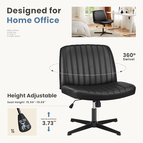 DUMOS Desk Chair No Wheels, Criss Cross Chair Wide Cross Legged Office Desk Vanity Chair, PU Leather Armless Adjustable Swivel Chairs for Home Computer Task Black DUMOS