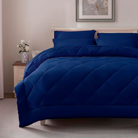 ELNIDO QUEEN® Queen Comforter Set Navy - 7 Pieces Bed in a Bag Queen Size, Bed Set All Seasons, Ultra Soft Dark Blue Bedding Sets with Comforter, Flat Sheet, Fitted Sheet, Pillowcases and Pillow Shams ELNIDO QUEEN