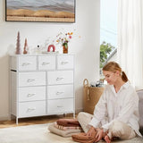 DUMOS Dresser for Bedroom, Storage Drawers, Fabric Storage Tower with 9 Drawers, Chest of Drawers with Fabric Bins, Sturdy Metal Frame, Wood Tabletop for Kids Room, Closet, Entryway, Nursery, White DUMOS