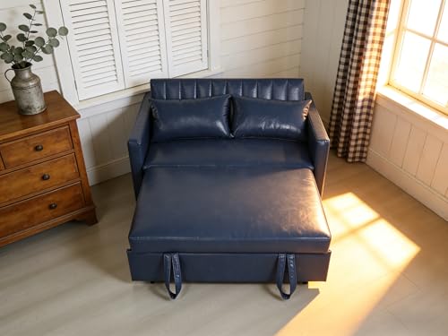 N NOORDENIYA 55'' Leather Sofa Bed, Pull Out Sleeper Sofa Couch Bed, Loveseat Sleeper, Futon Sofa Couch with Side Pocket, Convertible Sofa Bed for Living Room, Apartment, Bedroom, RV, Blue N NOORDENIYA