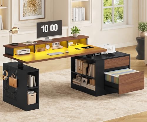 Standing Desk Adjustable Height, 70" Executive Electric Office Desk, Sit Stand Computer Desk with Storage Drawer, Power Outlets, Led Lights, Monitor Stand, Printer Space, Pegboard Black&Walnut UPOSOJA