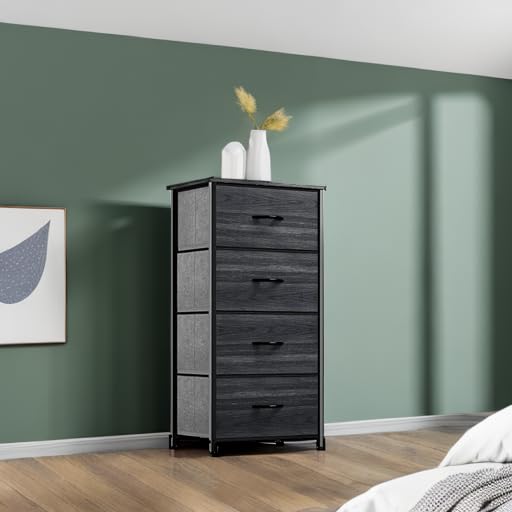 YITAHOME Dresser with 4 Drawers - Fabric Storage Tower, Organizer Unit for Bedroom, Hallway, Closets - Sturdy Steel Frame, Wooden Top & Easy Pull Fabric Bins (Charcoal Black Wood Grain)