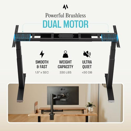 COREMINDED Dual Motor Standing Desk Frame – Heavy Duty, Powerful, 3 Stages Electric Height Adjustable Stand Up Desk Frame for Workstations with LCD Controller & Extras (Black) COREMINDED