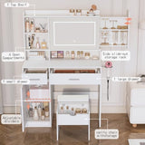 Viaozutis Vanity Desk with Mirror and Lights, with Hidden Shelves,4 Compartments,2 Drawers,Cabinet & Stool,Dimmable LED Lights,Power Outlets, Ideal for Bedroom Vanity Organization(White) Viaozutis