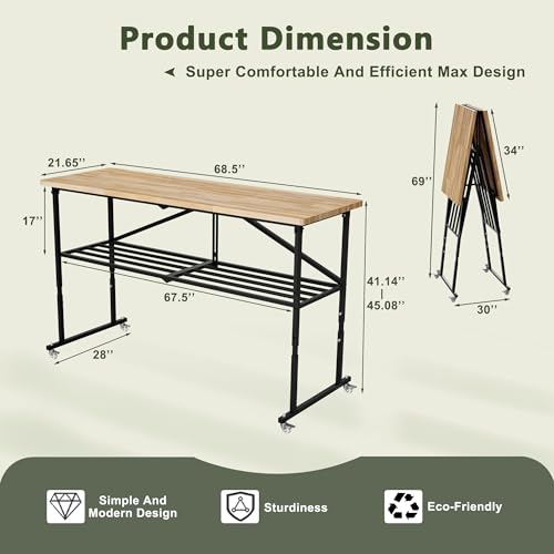 Mulinsonfly 68" Folding Workbench with 1.5" Hardwood Butcher Block Top, Heavy Duty 2000 LBS Garage Work Table with Locking Wheels, Adjustable Height Woodworking Bench for Shop, Office, Crafting Mulinsonfly