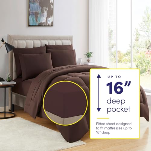 Sweet Home Collection 5 Piece Comforter Set Bag Solid Color All Season Soft Down Alternative Blanket & Luxurious Microfiber Bed Sheets, Brown, Twin XL Sweet Home Collection
