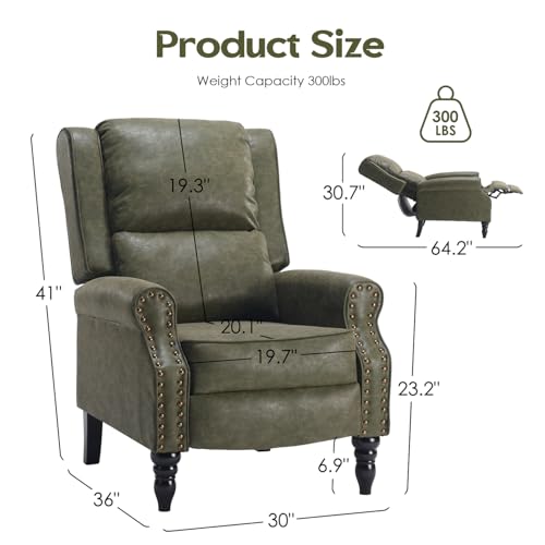FHUKMZOI Leather Recliner Chair, Pushback Recliner Chair with Adjustable Backrest Footrest, Mid-Century Modern Living Room Reclining Chairs with Lumbar Support for Reading Bedroom (Dark Green)