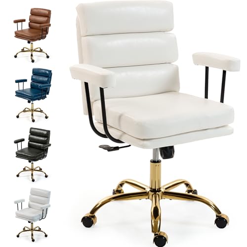 WiNVO Faux Leather Home Office Desk Chair, Gold Base Makeup Vanity Chair with Wheels, Padded Seat and Armrests, Adjustable Height Swivel Executive Computer Chair, White WiNVO