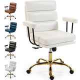 WiNVO Faux Leather Home Office Desk Chair, Gold Base Makeup Vanity Chair with Wheels, Padded Seat and Armrests, Adjustable Height Swivel Executive Computer Chair, White WiNVO