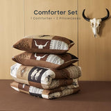 Wake In Cloud - Western Comforter Set, Southwestern Aztec Country Horse Cowboy Rustic Ranch Pattern Printed, Soft Lightweight Bedding, 3 Pieces, Tan Brown, Full Size Wake In Cloud