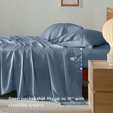 Bedsure King Size Sheets Set, Cooling Sheets for Hot Sleepers, Rayon Derived from Bamboo, Breathable & Soft, Deep Pocket Up to 16 Inches, Hotel Luxury Silky Bedding, Dusty Blue Bedsure
