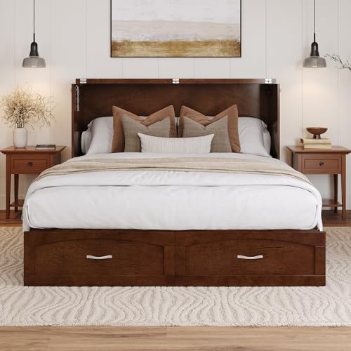 AFI, Marion Queen Wood Murphy Bed Chest with 6" Mattress, Storage Drawer, & Built-in Charger, Walnut AFI