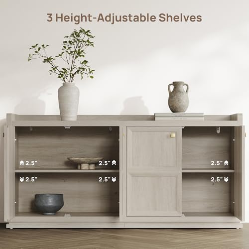 SICOTAS 4-Door Buffet Cabinet for Living Room - 61.7" Extra Long Sideboard with Storage & Adjustable Shelves Modern Credenza Accent Coffee Bar Storage Cabinet for Kitchen, Hallway, White Oak, 1 PCS SICOTAS