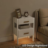 Tltaroni Nightstand with 2 Drawers and Open Shelf Wooden Bedside Table Gold Handles Modern Storage Night Stand Sensor Light for Bedroom, White Tltaroni