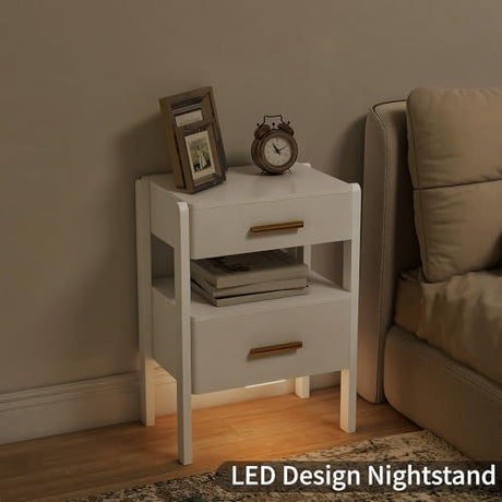Tltaroni Nightstand with 2 Drawers and Open Shelf Wooden Bedside Table Gold Handles Modern Storage Night Stand Sensor Light for Bedroom, White Tltaroni