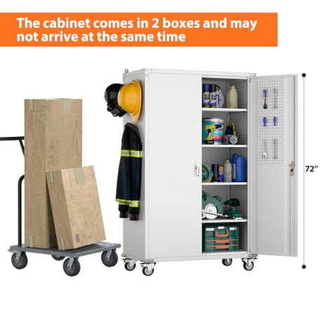 Aobabo Extra Large Garage Storage Cabinet on Wheels, Metal Storage Cabinets with 4 Adjustable Shelves, 3 Pegboards and 2 Tool Pouches for Home Office Stash, Assembly Required Aobabo