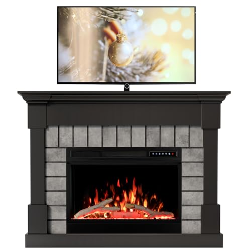 50”Electric Fireplace Mantel Wooden Surround Firebox, TV Stand with Freestanding Electric Fireplace, Adjustable Flame, Temperatures, Remote Control, 750W/1500W Black Electactic