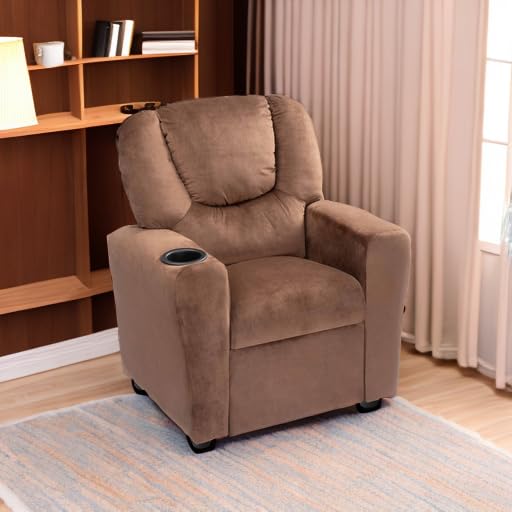 Naomi Home Suri Kids Recliner Chair with Cup Holder & Footrest, Brown Microfiber - Cozy Lounge for Toddlers & Children Naomi Home