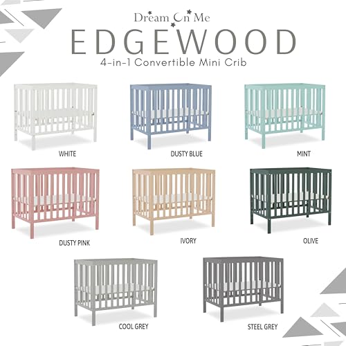 Dream On Me Edgewood 4-In-1 Convertible Mini Crib In White, JPMA Certified, Non-Toxic Finish, New Zealand Pinewood, With 3 Mattress Height Settings, Included 1" Mattress Pad Dream On Me