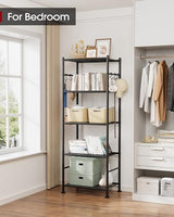 Sakugi Storage Shelves - 5-Tier Large Capacity Shelf Organizer with Hooks, Heavy-Duty Garage Shelving with Leveling Feet, Wobble-Free Rack for Bedroom, Balcony, Garage, 18.1"×12.4"×56.8", Black Sakugi