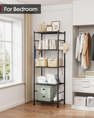 Sakugi Storage Shelves - 5-Tier Large Capacity Shelf Organizer with Hooks, Heavy-Duty Garage Shelving with Leveling Feet, Wobble-Free Rack for Bedroom, Balcony, Garage, 18.1"×12.4"×56.8", Black Sakugi