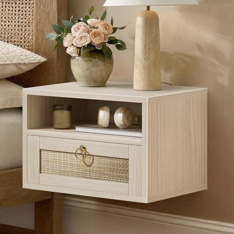 IGERI Floating Nightstand with Drawer for Wall Mounted Hanging Rattan Night Stand Bed Side Tables Wooden End Table Small Boho Dressers Farmhouse Shelves for Bedroom IGERI