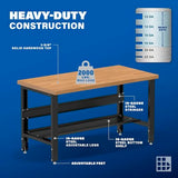 Borroughs® 60" Adjustable Workbench, Hardwood Top Heavy-Duty Workstation with Bottom Shelf, 2000 LBS Load Capacity Worktable for Workshop, Garage, Borroughs