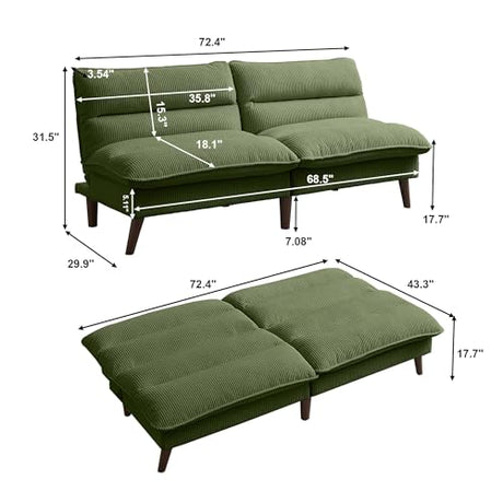 Enobala Convertible Futon Sofa Bed, Modern Folding Futon Couch with 3-Level Adjustable Backrest, Sleeper Loveseat Sofa Recliner Couch for Living Room Apartment, Green Enobala