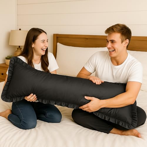 Empire Linen Ruffled Body Pillowcase | Cotton Satin Weave | Soft & Breathable with Hidden Zipper | Decorative Single Ruffle Cover | Dark Grey, 20x48 Empire Linens