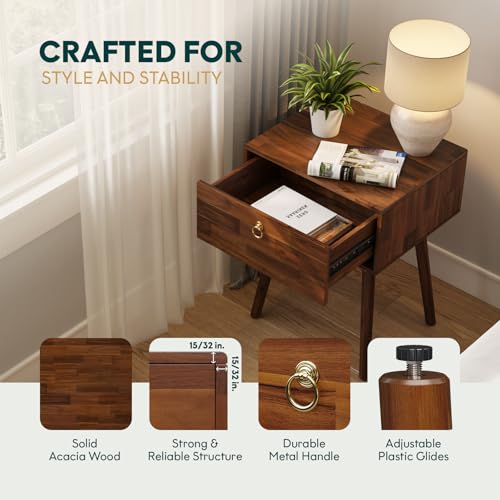 Bme Alden Solid Wood Nightstand/Side Table/End Table, Fully Assembled, with 1-Drawer for Mid Century Bedroom and Living Room, (12mm), Dark Chocolate Bme