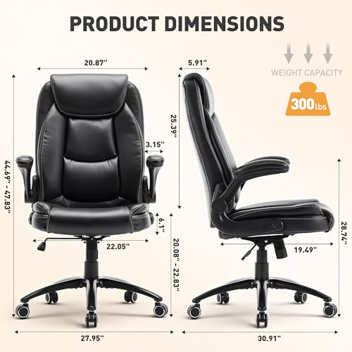 MALOL Ergonomic PU Leather Office Chair with Flip-Up Armrests & Reclining Backrest, 300lbs Thick Padded Seat Executive Desk Chair-Adjustable Height & Tilt Tension, Brown, Black MALOL