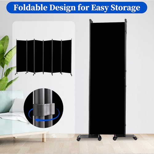 Room Divider 6FT Room Partition with Lockable Wheels, (Thicked Metal Base) Room Dividers, Freestanding Indoor Folding Privacy Screens, Portable Fabric Wall Divider for (Black, 132"- 6 Panel) JVVMNJLK