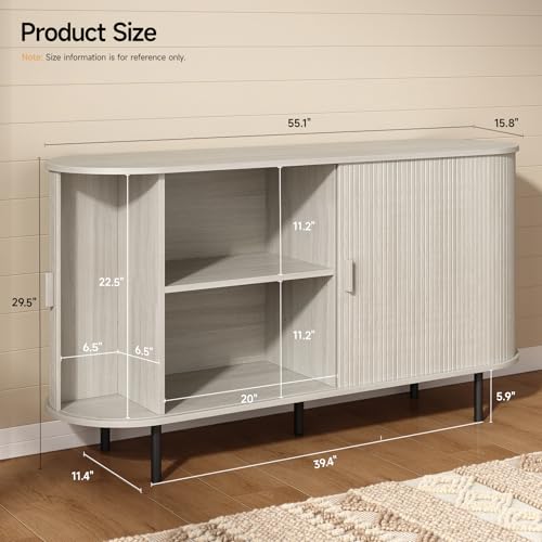 ONBRILL 55" Sideboard Buffet Cabinet with Storage, Storage Cabinet with Sliding Door & Adjustable Shelf, Modern Accent Coffee Bar Console Table for Kitchen, Entryway, Natural White ONBRILL