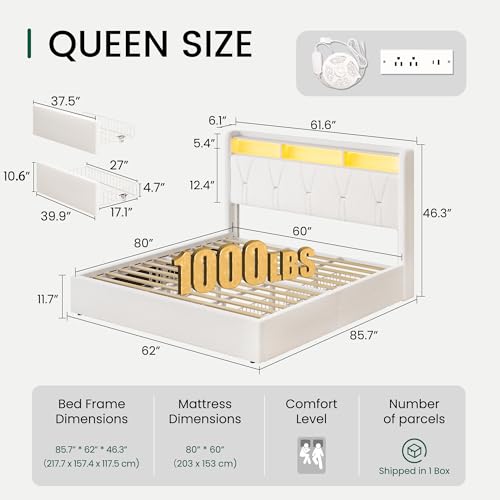 LARMACE Queen Size Bed Frame with 4 Storage Drawers and Boucle Headboard Upholstered Platform Bed Frame with LED Lights & Charging Station,Easy Assembly/No Box Spring Needed,White LARMACE