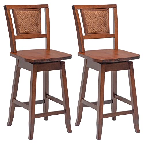 COSTWAY 24.5 Inch Rattan Back Bar Stools Set of 2 with 360° Swivel and Comfortable Footrests - WoodArtSupply