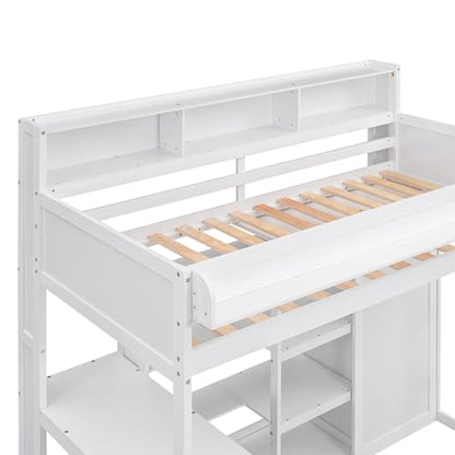 Twin Size Loft Bed with Wardrobe, Desk, and Storage by Harper & Bright Designs in White Finish - WoodArtSupply