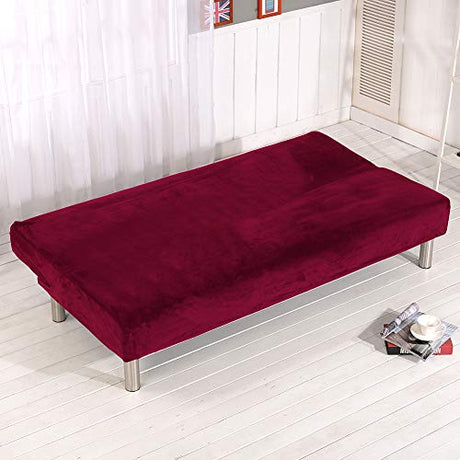 MIFXIN Armless Sofa Bed Cover Stretch Futon Slipcover Plush Thicker Solid Color 3 Seat Full Folding Sofa Couch Futon Furniture Protector Cover Without Armrests (Red) MIFXIN