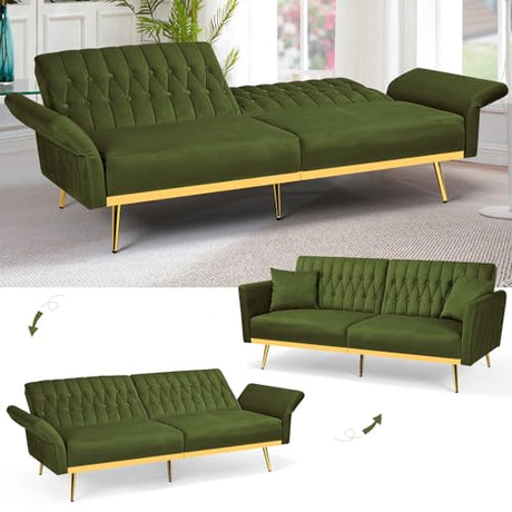 ACMEASE 2 Pieces Velvet Sofa Set with Adjustable Armrest and Backrest, 70” Convertible Futon Sofa Bed & Mordern Accent Chair with Ottoman for Living Room, Bedroom, Olive Green ACMEASE