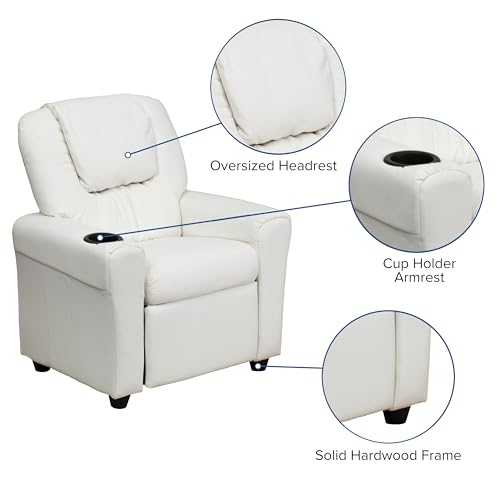 Flash Furniture Vana Vinyl Kids Recliner with Cup Holder, Headrest, and Safety Recline, Contemporary Reclining Chair for Kids, Supports up to 90 lbs., White