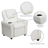 Flash Furniture Vana Vinyl Kids Recliner with Cup Holder, Headrest, and Safety Recline, Contemporary Reclining Chair for Kids, Supports up to 90 lbs., White