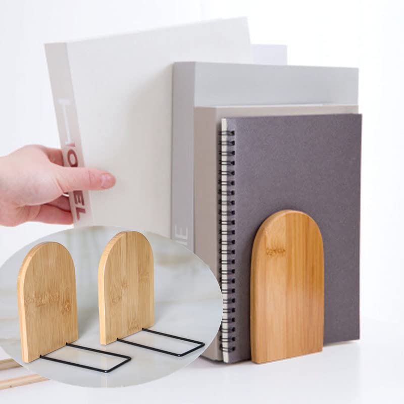 2 Pcs Natural Bamboo Bookend Large Capacity Office Book Ends Anti Slip Book Stand Holder Bookshelf Ends for Home Office Library School Study Decoration n\c