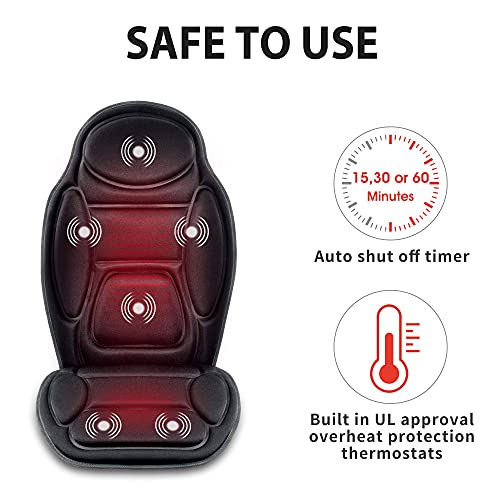 Snailax Massage Seat Cushion - Back Massager with Heat, 6 Vibration Massage Nodes & 2 Heat Levels, Massage Chair Pad for Home Office Chair，Black Snailax