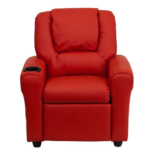 Flash Furniture Vana Vinyl Kids Recliner with Cup Holder, Headrest, and Safety Recline, Contemporary Reclining Chair for Kids, Supports up to 90 lbs., Red