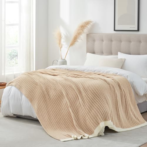 Snuggle Sac Luxury King Size Blanket for Bed, Cozy Soft Fuzzy Microfiber Knit Stripe Bedding Blankets, Beige, 108x90 inches Snuggle Sac