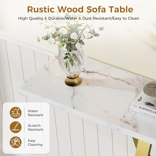 43.3" Gold Console Table, Modern Entryway Table with White Faux Marble Top & Metal Base, Narrow Sofa Table for Living Room, Hallway, Foyer PyroLog