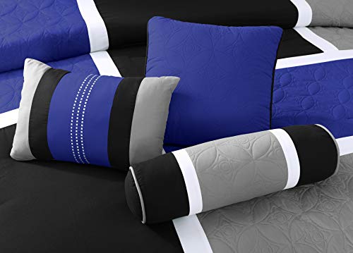 Chezmoi Collection Upland 7-Piece Quilted Patchwork Comforter Set, Blue/Black/Gray, Full Chezmoi Collection