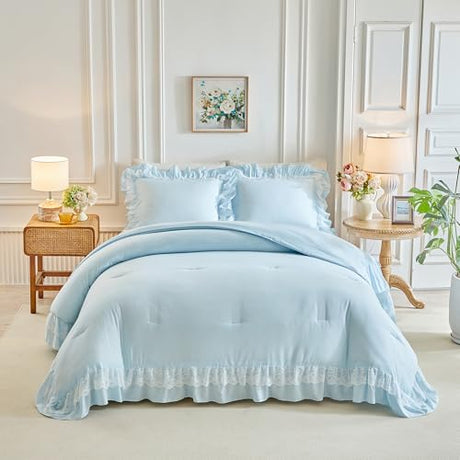 Joyreap Queen Size Comforter Set Blue, 3pcs Lace Ruffled Bedding Comforter Set, Microfiber Vintage Boho Chic Bedding Set for All Season- 88x88 inches Joyreap