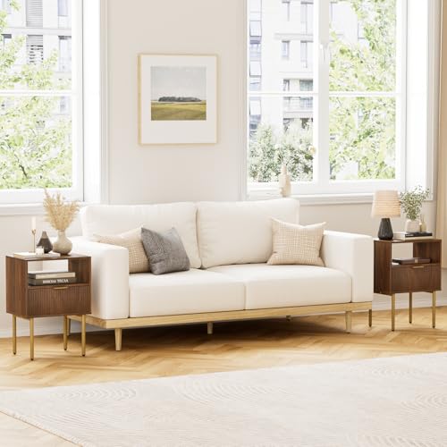 Masupu Night Stand,Mid-Century Modern Bedside Table with Storage Drawer and Open Wood Shelf,Small Gold Frame Side Table for Bedroom,Living Room, Walnut Masupu